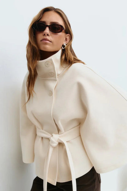 Manteau Élégant Col Montant à Ceinture